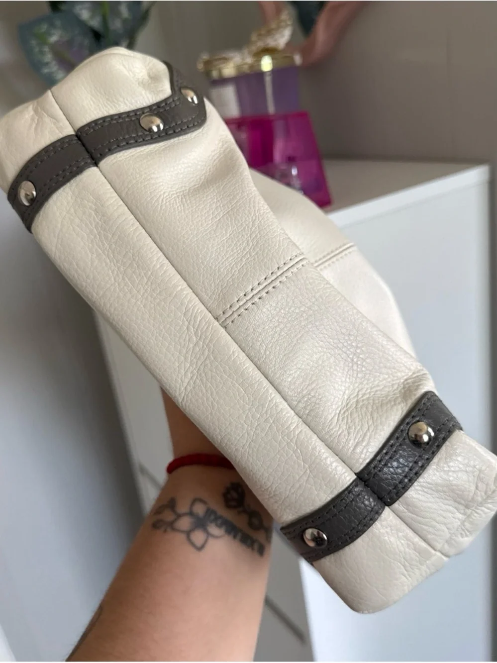 Coach Cream Leather Shoulder Bag with Black Trim